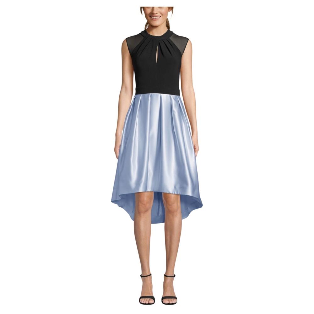 Betsy & Adam Black and Blue Cocktail Dress Satin High Low Fit and Flare Size 10